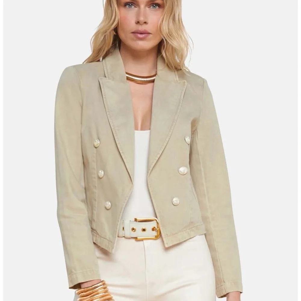 L’Agence Wayne Crop Double Breasted Denim Jacket Sand Dune Tan XXL